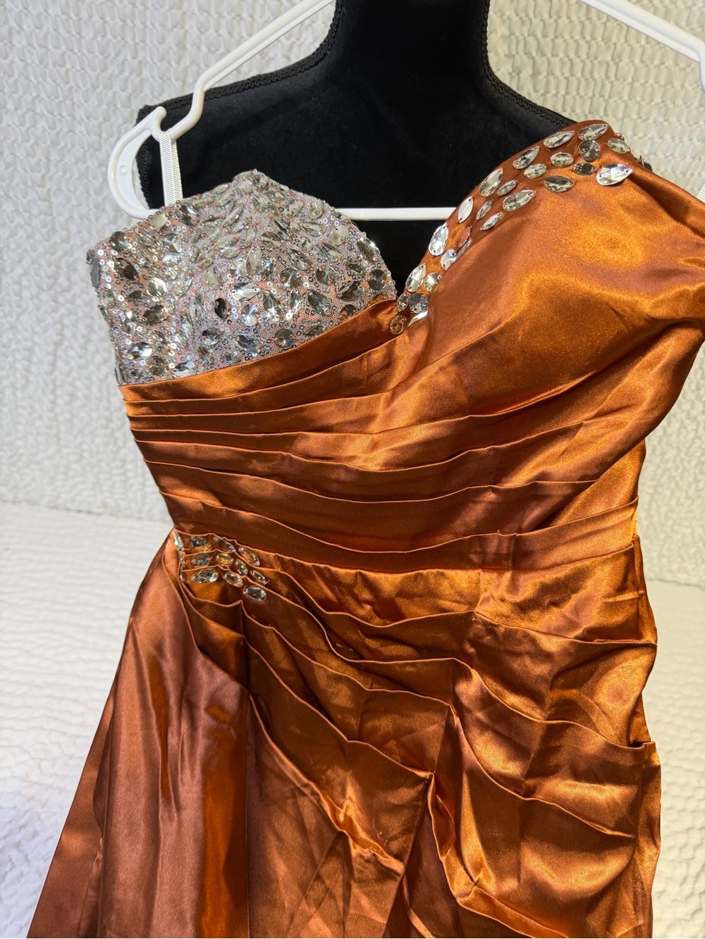 Junior Satin One-Shoulder Dress with Rhinestone Bodice - Copper